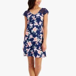 Charter Club Womens Lace Sleeve Chemise Nightgown Blossoms Blue Size X-Small